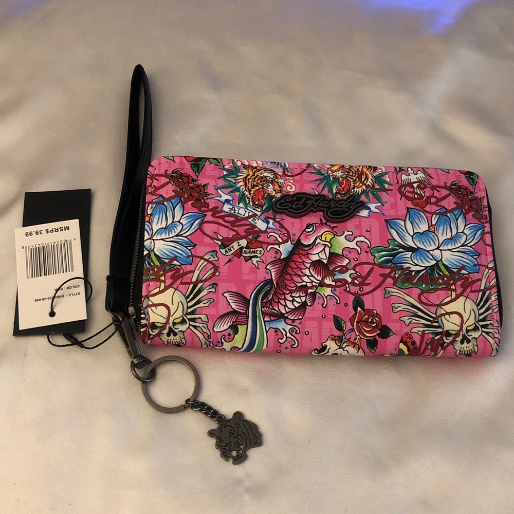 Ed Hardy Pink Multicolored ZA Wallet Koi, Flower & Tiger Print + Key Ring NWT